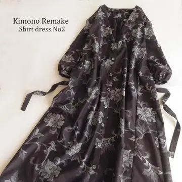 기모노 리메이크 순수 실크 셔츠 원피스 맥시 롱 벌룬 퍼프 슬리브