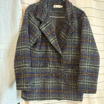 울 혼방 피코트 네이비 그린 체크