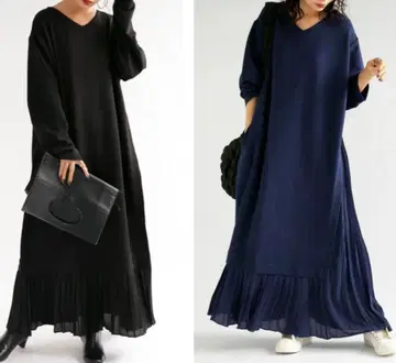 안티카 블랙 플리츠 절개 롱 원피스 모드