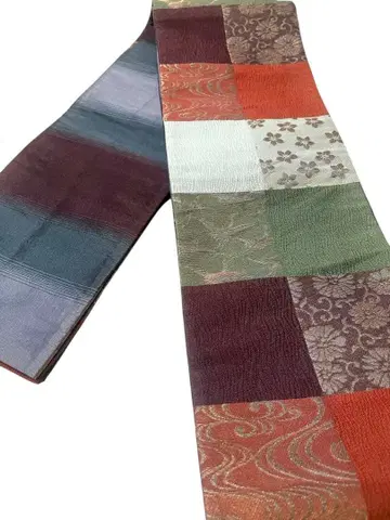 새상품급 반폭 오비 순수 실크 격자 무늬 레인보우 리버서블