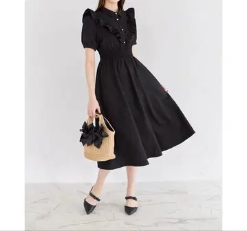 프릴 장식 펄 단추 허리 셔링 셔츠 원피스