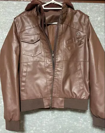 후드 부착 가죽 자켓 브라운