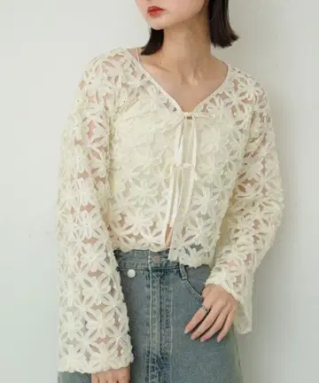 센스 오브 플레이스 플라워 레이스 리본 가디건 블라우스