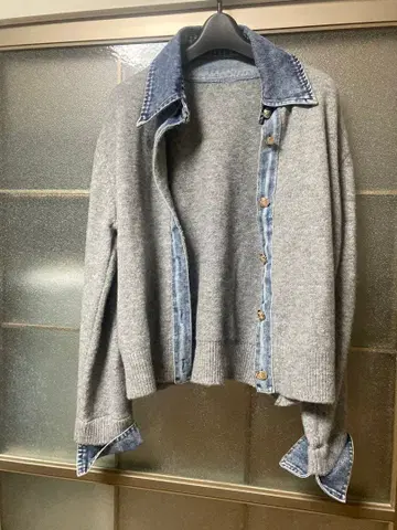 데님 카라 부착 가디건 그레이