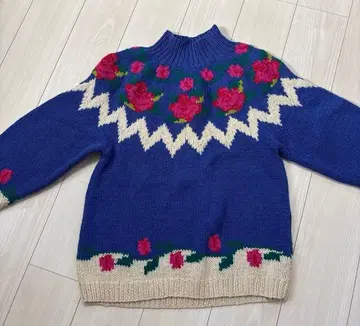 꽃무늬 하이넥 패턴 니트 스웨터 파랑 사이즈 S 구제 의류