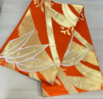 후쿠로 오비 새상품급 골드 컬러의 대나무 잎 무늬 오렌지 컬러