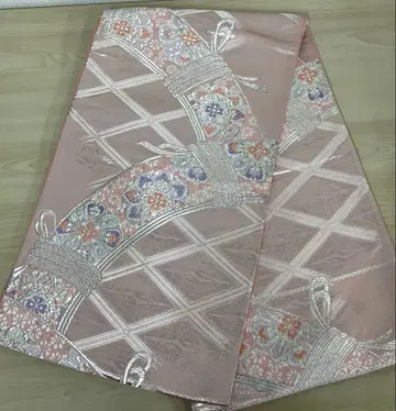 후쿠로 오비 새상품급 고급 순수 실크 벚꽃색 꽃무늬 자수 실크