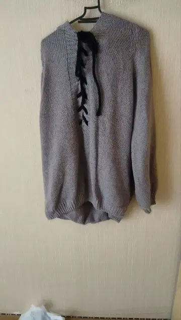 그레이 후드 부착 니트 스웨터 리본 MIX 컬러 빅 사이즈 팬츠