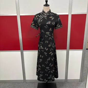 꽃무늬 반팔 차이나 드레스 블랙