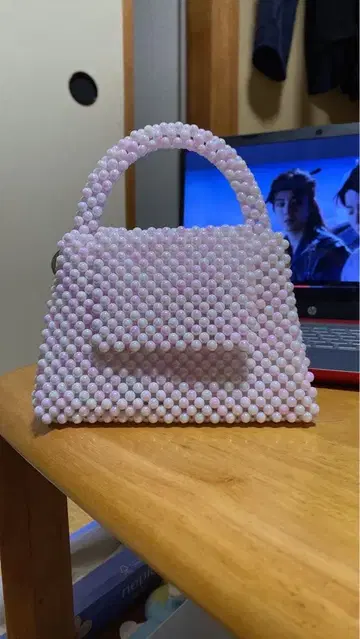 핸드메이드 비즈 뜨기 미니 핸드백 핑크