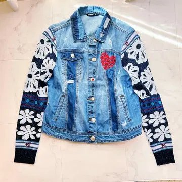 데시구알 데님 니트 자켓 G 자켓 자수 라메 꽃무늬 빅 사이즈