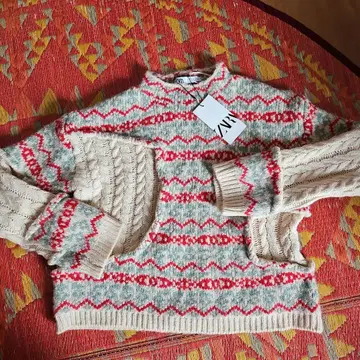 ZARA 긴팔 니트 스웨터 베이지/레드/그린