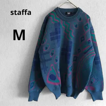 새상품급 남성용 구제 의류 빈티지 M 올 패턴 긴팔 니트 패턴 니트 블루