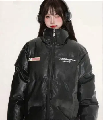 100stars 프론트 로고 인조 가죽 다운 자켓 M 사이즈 블랙