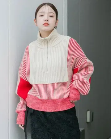 KBF 한정 컬러 레드 레이어드 하프 ZIP 니트 어반 리서치