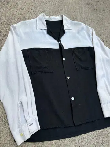 60s 레이온 코튼 로카빌리 블랙 화이트 오픈 카라 셔츠