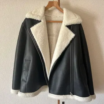 블랙 가죽 보아 라이더 자켓 페이크 무스탕