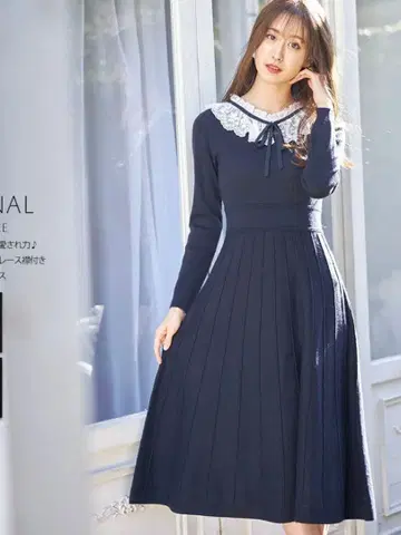 토코 클로젯 리본 x 프릴 레이스 카라 부착 니트 원피스