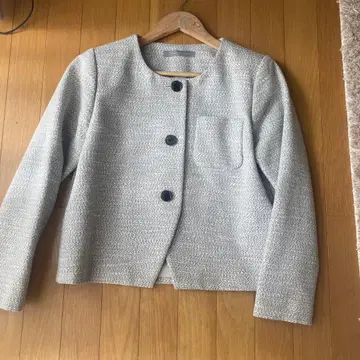 새상품급 띠어리 럭스 노카라 자켓 트위드 화이트 그레이