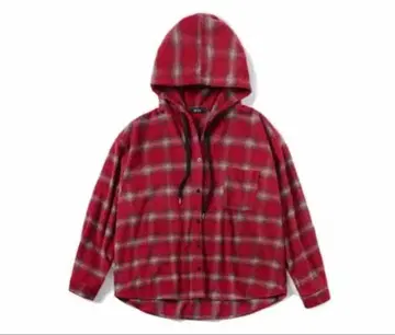 후드 부착 플란넬 셔츠 빨간색과 화이트 체크 L 사이즈