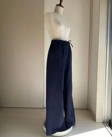 밑단 수선 린넨 100% 네이비 와이드 팬츠 사이즈 LL 밴딩 끈 포함