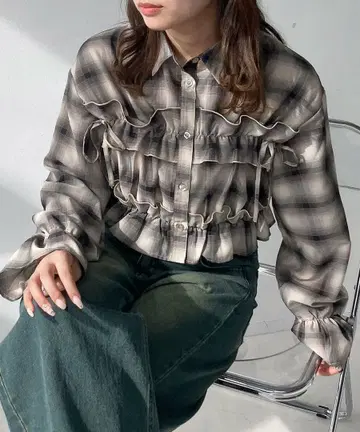 사이드 리본 프릴 체크 셔츠 아즈노아즈