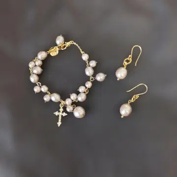 미사용 코 스털링 펄 크로스 참 팔찌 & 귀걸이