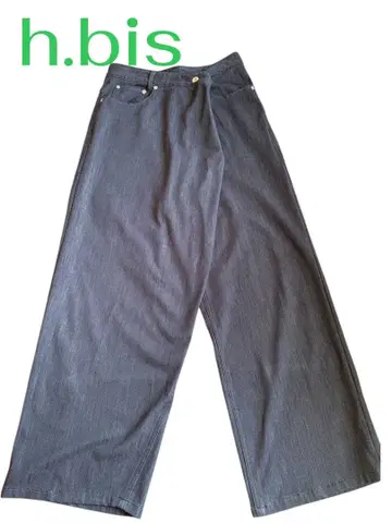 h.bis 인디고 블루 허리 버튼 와이드 데님 스트레치 빅 사이즈