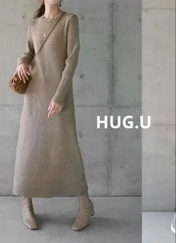 hug.u 크루넥 니트 원피스 리브 베이지 긴팔