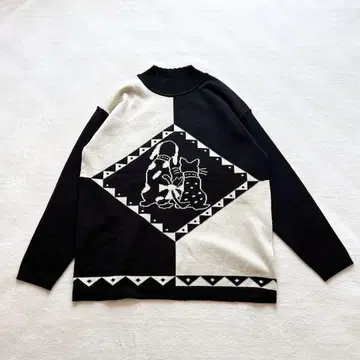 90s 울 블렌드 니트 스웨터 바이컬러 하이넥 강아지 고양이 성숙/러블리