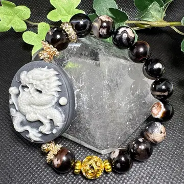 태극석 용신 조각 블랙 벚꽃 마노 팔찌