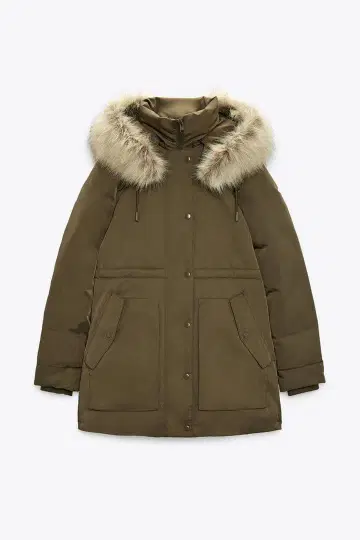 ZARA 퍼 포함 미디 기장 다운 자켓