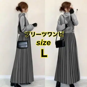 하이넥 플리츠 원피스 L 그레이 블랙 라인 맥시 길이 슬림