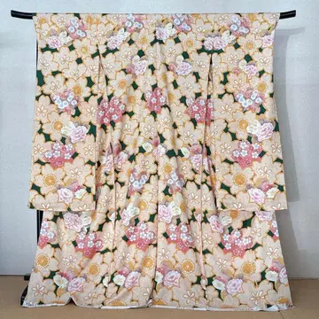 순수 실크 후리소데 새상품 미재단 그린에 벚꽃