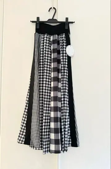 [ MONiLE ] 모레 조젯 체크 조합 롱 스커트 블랙