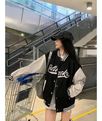 얇은 소재 바시티 자켓 블랙 x 화이트 블루종 아우터 자켓