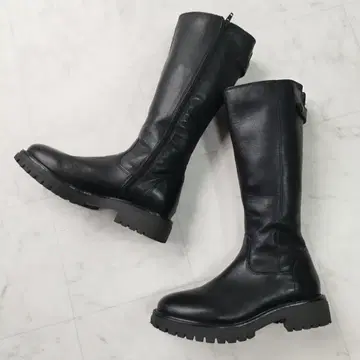 클론다이크 천연 가죽 통굽 롱 부츠 와이드 힐 블랙 24.5cm