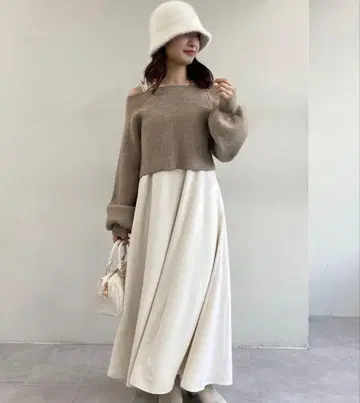 니트 세트 원피스 베이지 화이트