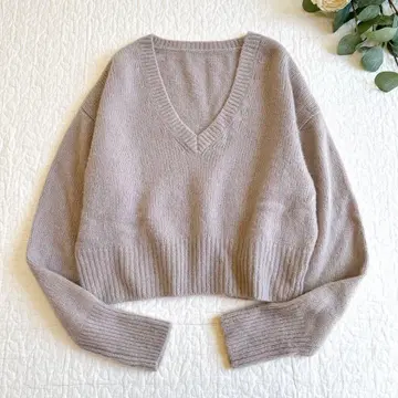 폭시 고급 니트 캐시미어 실크 V넥 로고 플레이트 그레이지