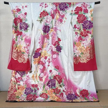 순수 실크 후리소데 새상품 미재단 화이트 꽃과 나비 maomao