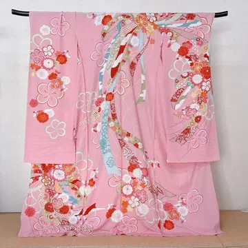 순수 실크 후리소데 새상품 미재단 핑크 꽃무늬 노시메