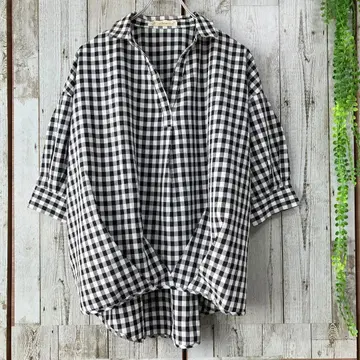 아즈노우아즈 새상품급 스키퍼 셔츠 블라우스 체크 오부소데 오버 사이즈