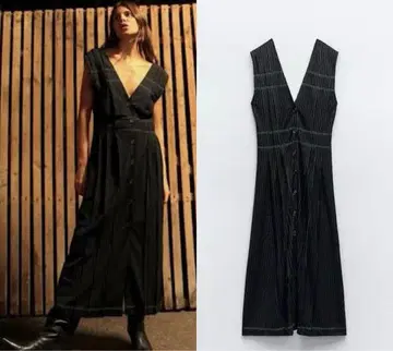 [ 미사용 새상품 ] ZARA 스트라이프 V넥 슬리브리스 롱 원피스