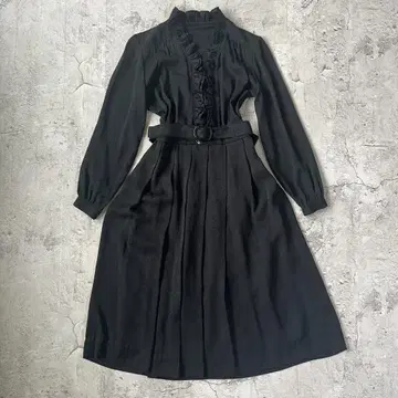 롱 원피스 블랙 프릴 벨트 포함 레트로 구제 의류 자카드