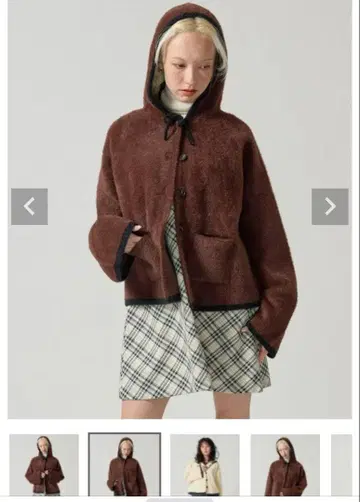 후드 부착 샤기 니트 아우터 브라운