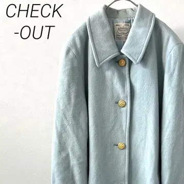 CHECK-OUT 롱 코트 스탠 칼라 골드 버튼 울 포켓 부착