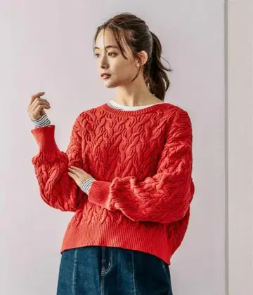 글로벌 워크 보풀이 잘 나지 않는 케이블 니트 숏 기장 레드 빨간색