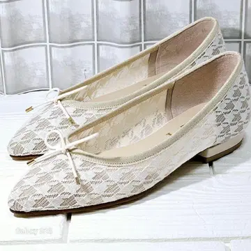 새상품급 르탈론 [ 21.0 ] 리본 메쉬 플랫슈즈 아이보리