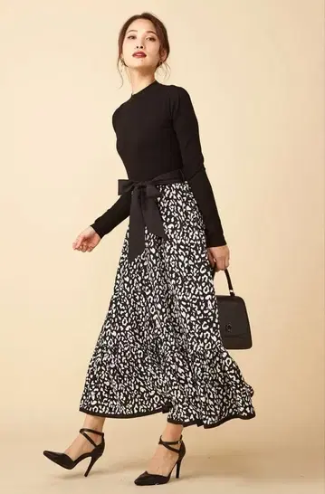 로얄 파티 레오파드 무늬 플레어 롱 스커트