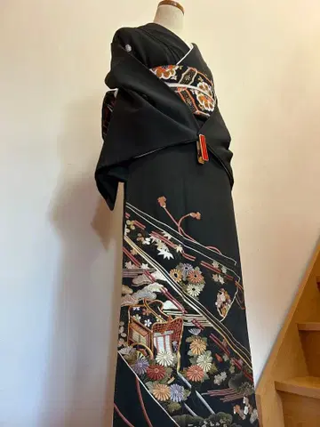 블랙 전모 기모노 앤티크 총 자수